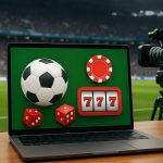A laptop displaying symbolic football and casino elements like a soccer ball, dice, and a slot machine graphic against a