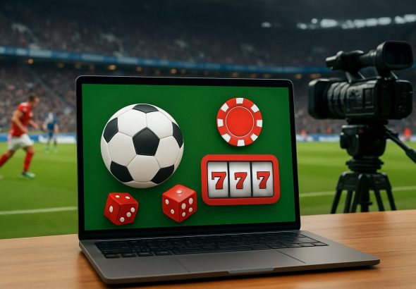 A laptop displaying symbolic football and casino elements like a soccer ball, dice, and a slot machine graphic against a
