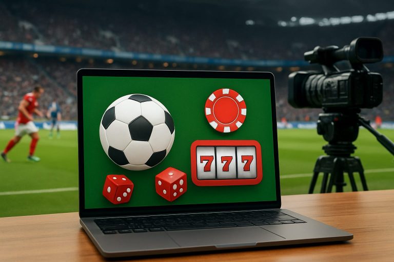 A laptop displaying symbolic football and casino elements like a soccer ball, dice, and a slot machine graphic against a